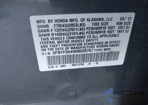 2013 Honda Pilot Ex z USA, uszkodzony, nr VIN 5FNYF3H49DB028767